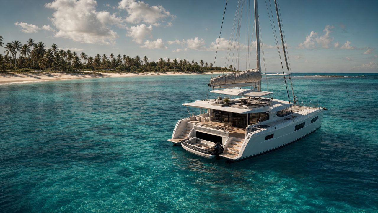 Private sailing catamaran at anchor in turquoise water off a palm-lined beach near Punta Cana