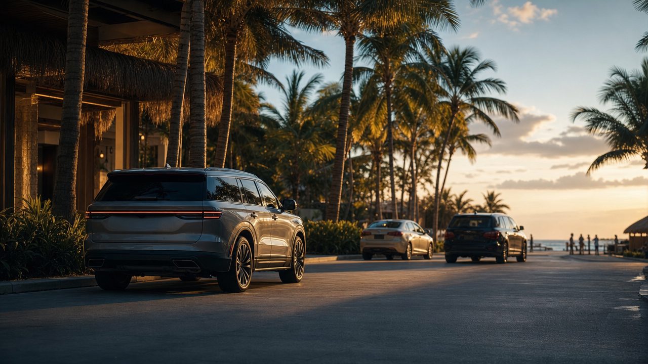 Private SUV waiting on a palm-lined resort drive at sunset in Punta Cana