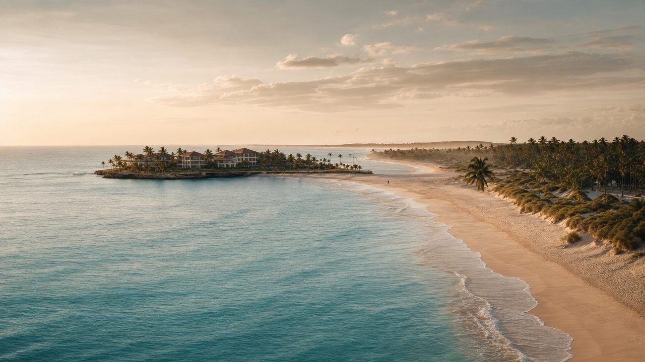 Aerial view of the Punta Cana coastline, a long palm-lined beach curving toward a headland with villas