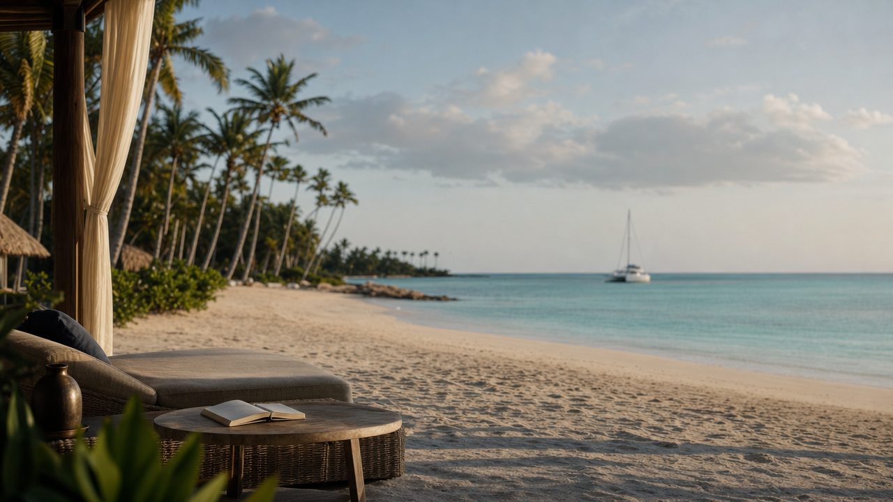 Shaded daybed on a quiet Punta Cana beach, with a catamaran anchored in calm turquoise water