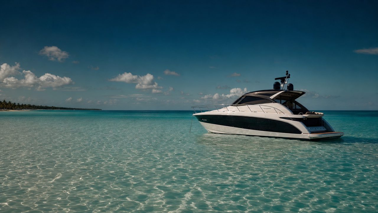 Private yacht at anchor in the shallow turquoise natural pool off Saona Island, Dominican Republic