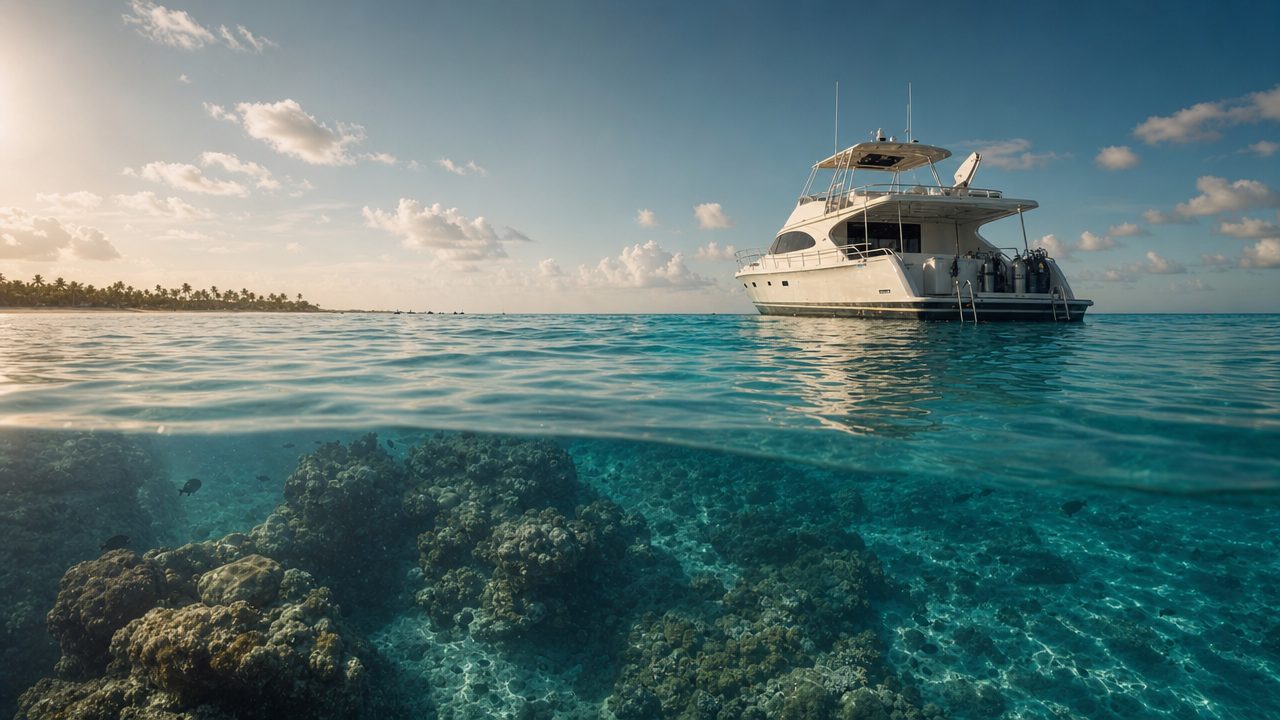 Private yacht anchored off Catalina Island, with the reef wall visible through clear turquoise water