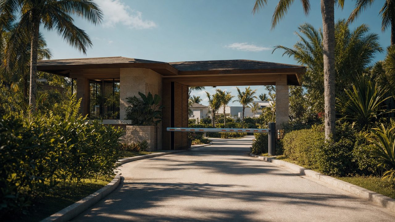 Palm-lined road leading to the guarded entrance of a gated resort community in Punta Cana