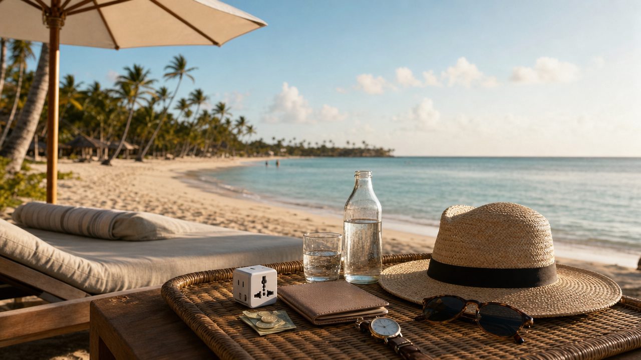 Travel essentials on a beach table in Punta Cana: passport wallet, plug adapter, bottled water, sun hat and sunglasses